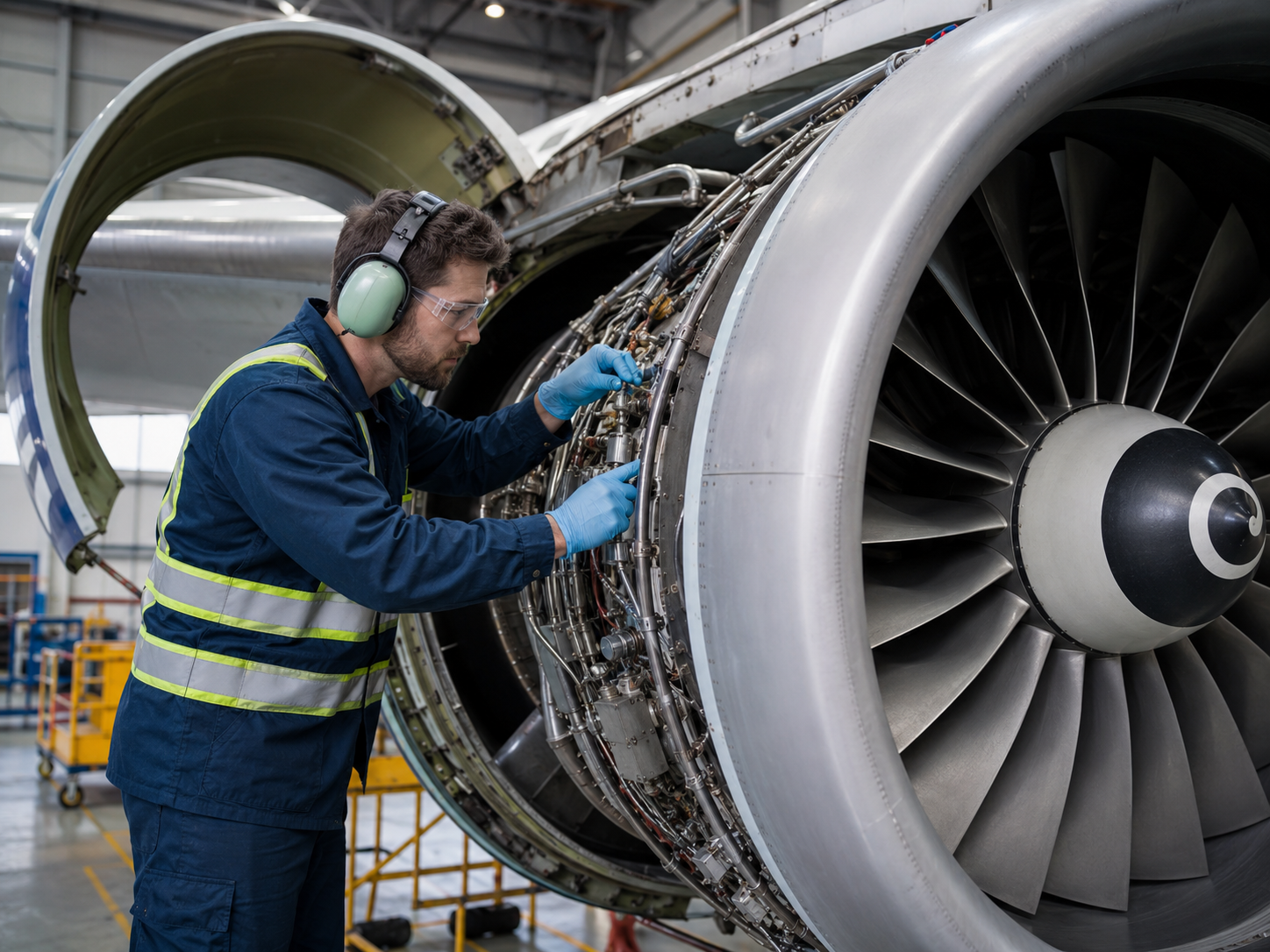 Técnico de mantenimiento aeronáutico revisando el motor de turbina de un avión comercial en hangar