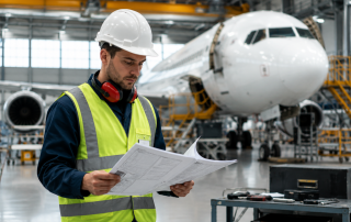 Técnico de mantenimiento aeronáutico revisando documentación técnica en un hangar frente a un avión comercial durante una inspección de mantenimiento aeronáutico.