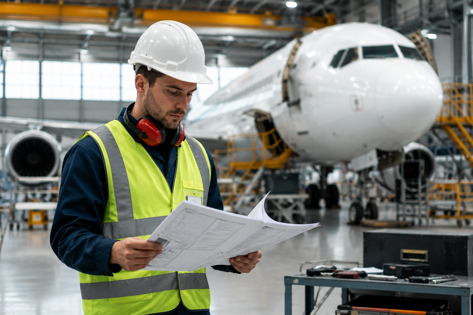 Técnico de mantenimiento aeronáutico revisando documentación técnica en un hangar frente a un avión comercial durante una inspección de mantenimiento aeronáutico.