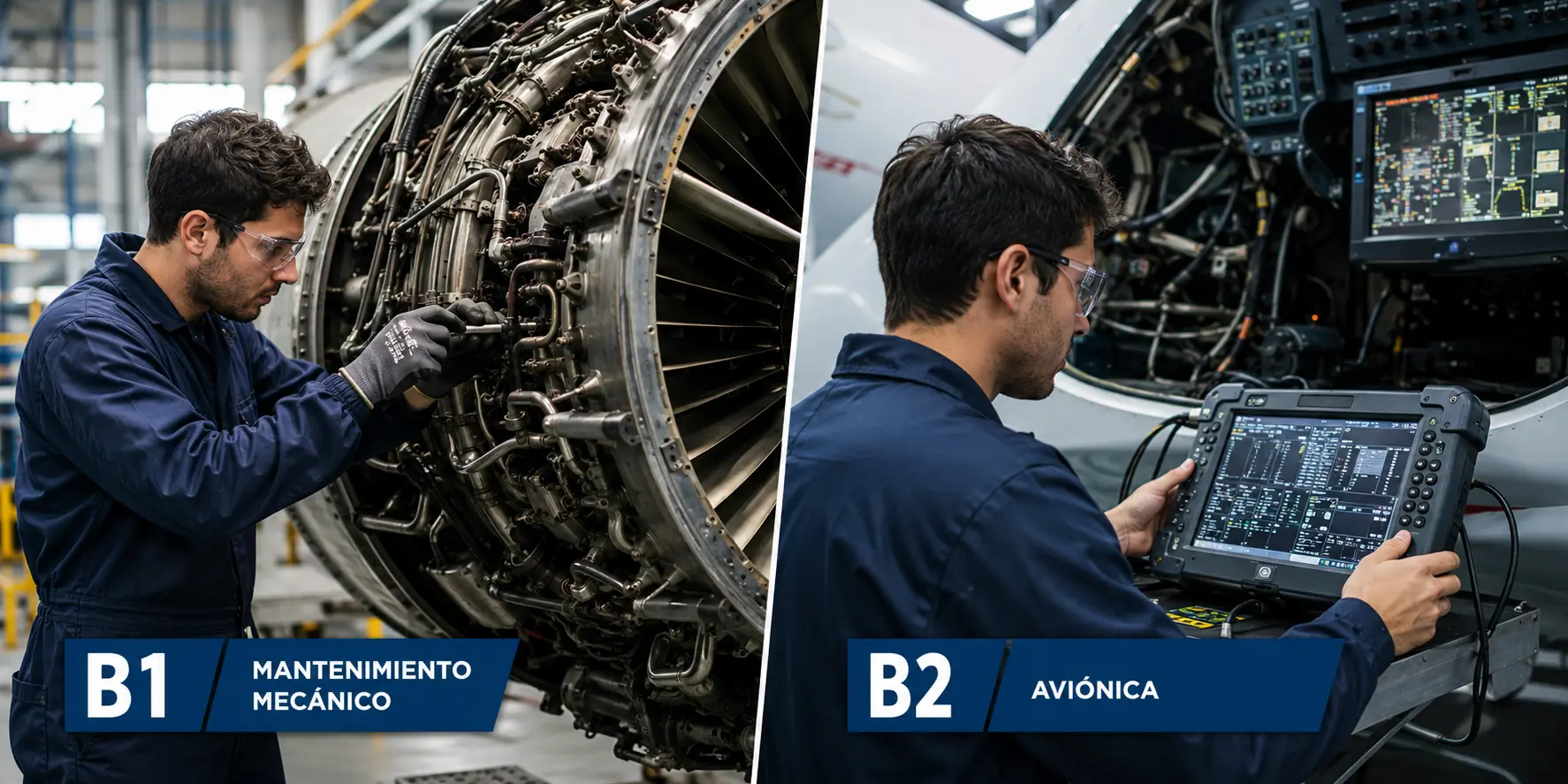 Imagen dividida que compara las licencias EASA. Panel izquierdo (B1, Mantenimiento Mecánico) muestra un técnico trabajando en un motor a reacción. Panel derecho (B2, Aviónica) muestra a un técnico usando equipos de diagnóstico electrónico.